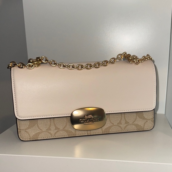 Coach Cream and Tan Shoulder Bag with Gold Chain - Picture 1 of 7